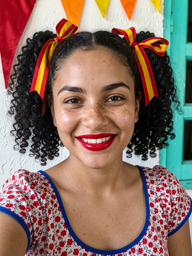 Menina com rabo de cavalo baixo e dois laços grandes sobrepostos.