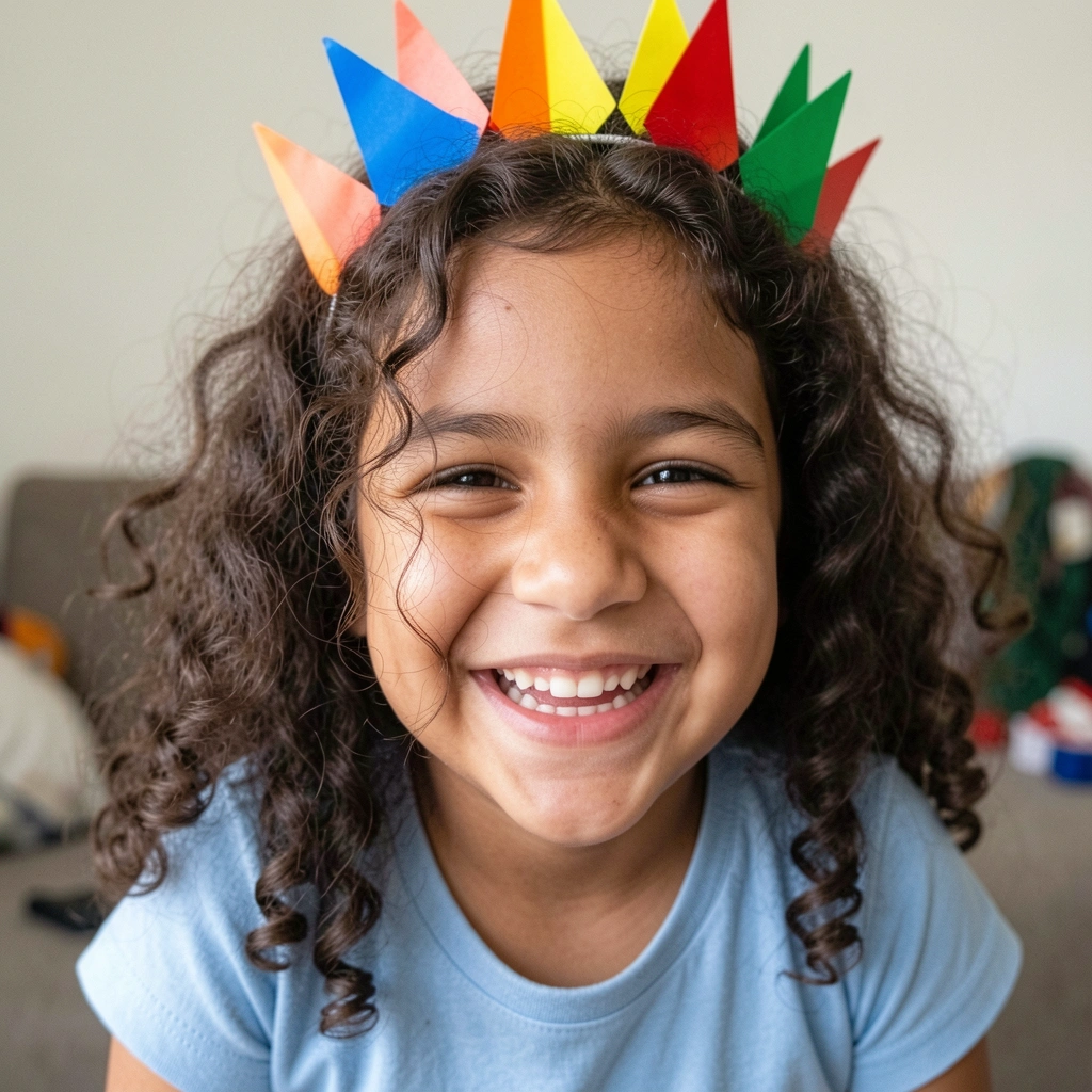 Menina com tiara de bandeirinhas coloridas na cabeça e cabelo solto, rindo.