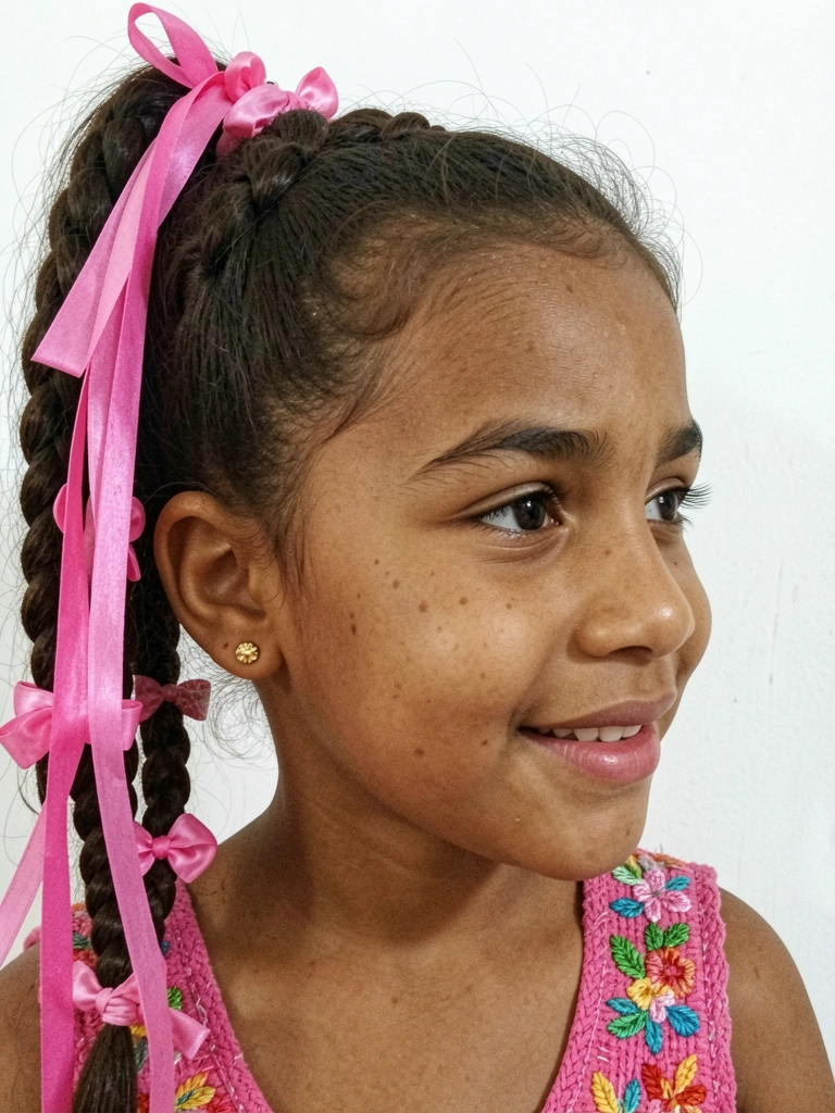 Fita grossa trançada presa com grampo em cabelo solto, imitando uma trança.