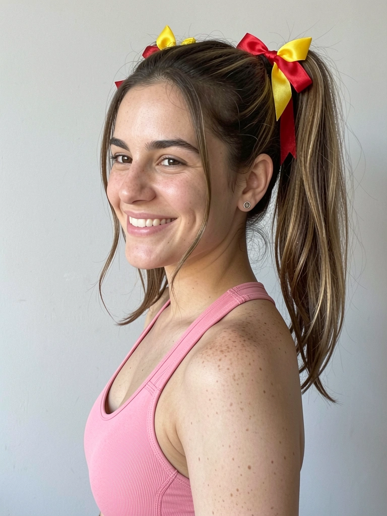 Menina com cabelo preso em dois rabos de cavalo altos, fitas de cetim vermelha e amarela amarradas, sorrindo.