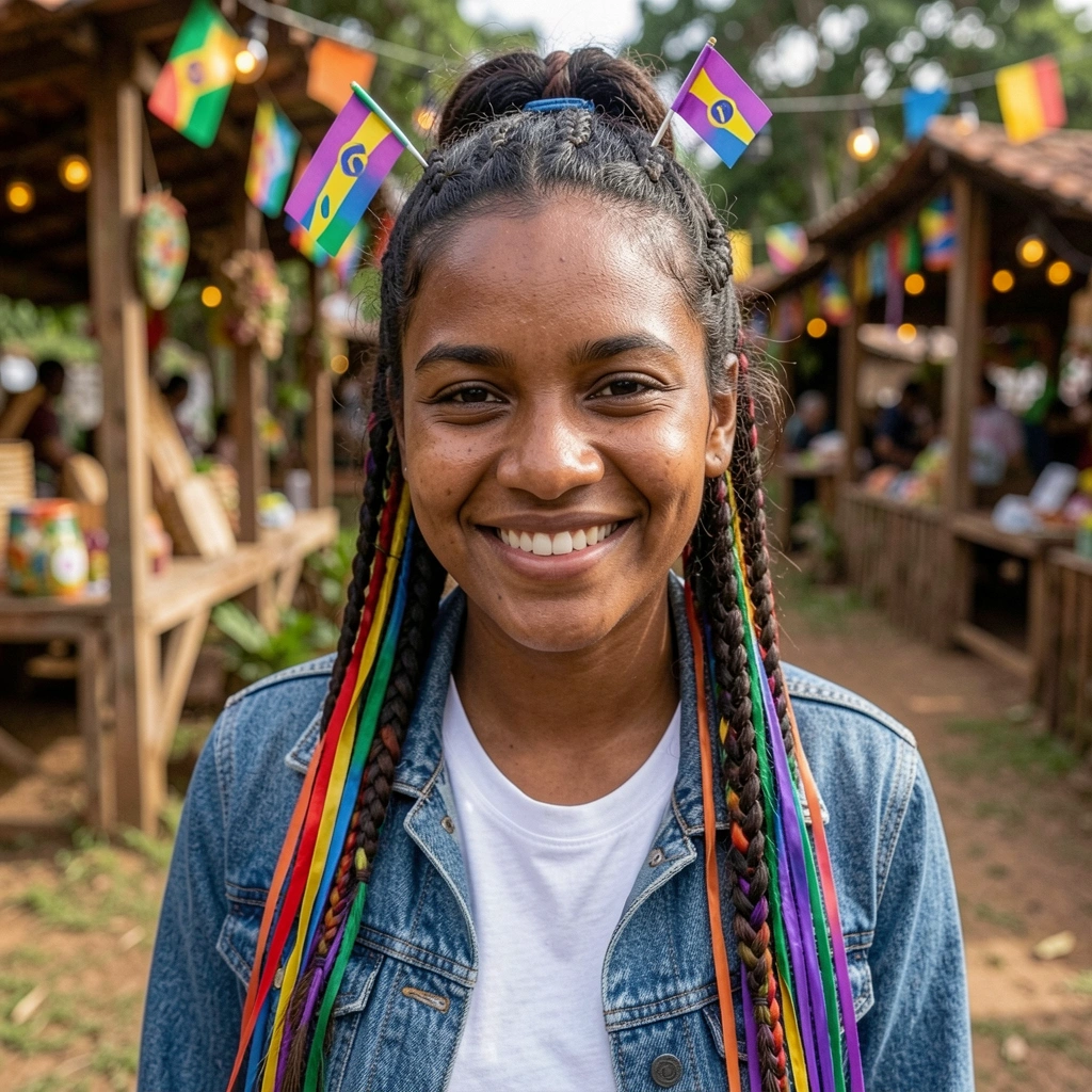 Cabelo semipreso infantil decorado com mini bandeirinhas de festa junina presas em grampos, ao fundo um arraial com bandeirolas.