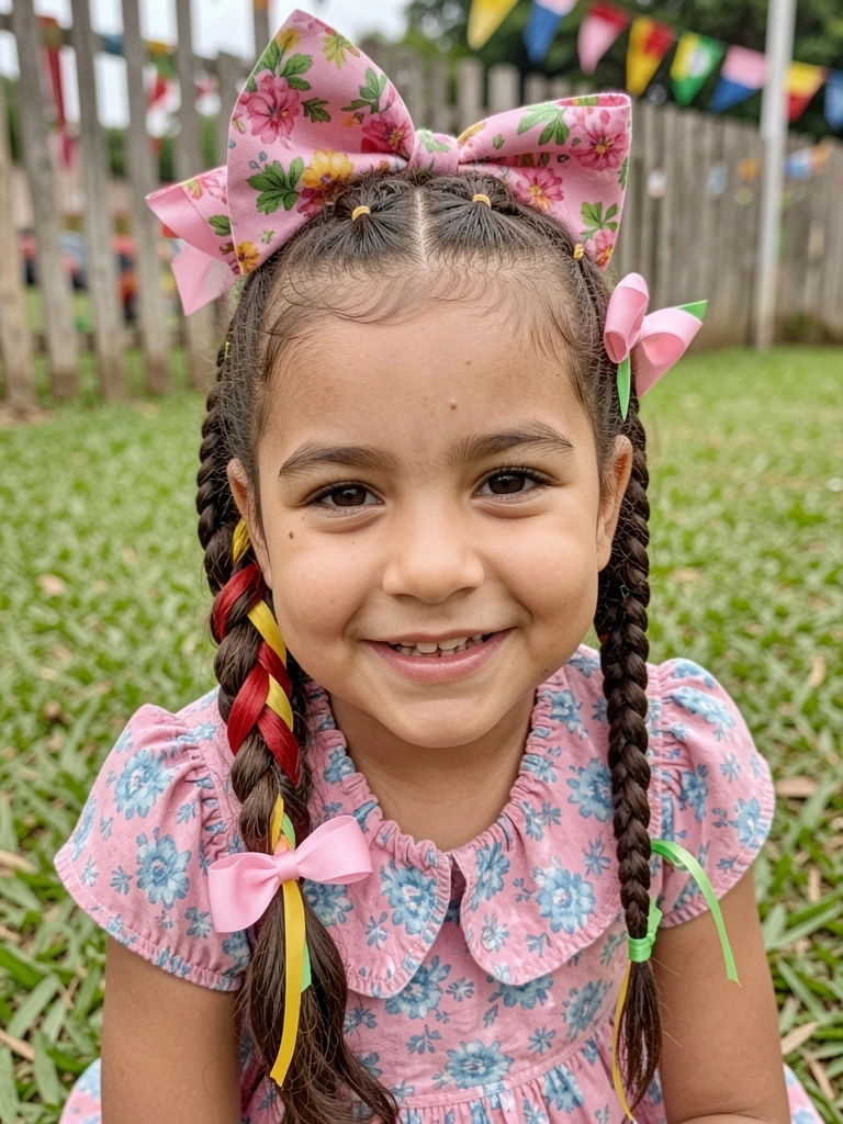 Jovem com trança lateral grossa adornada com fitas vermelha e amarela, sorrindo em frente a bandeirinhas de festa junina.