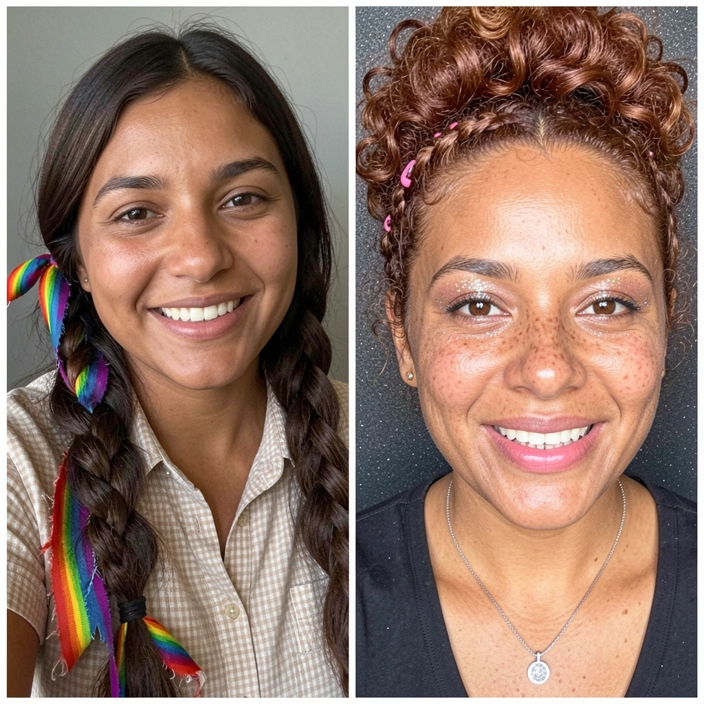 Duas tranças altas presas com elásticos coloridos e laço de cetim vermelho no topo, cabelo liso castanho.