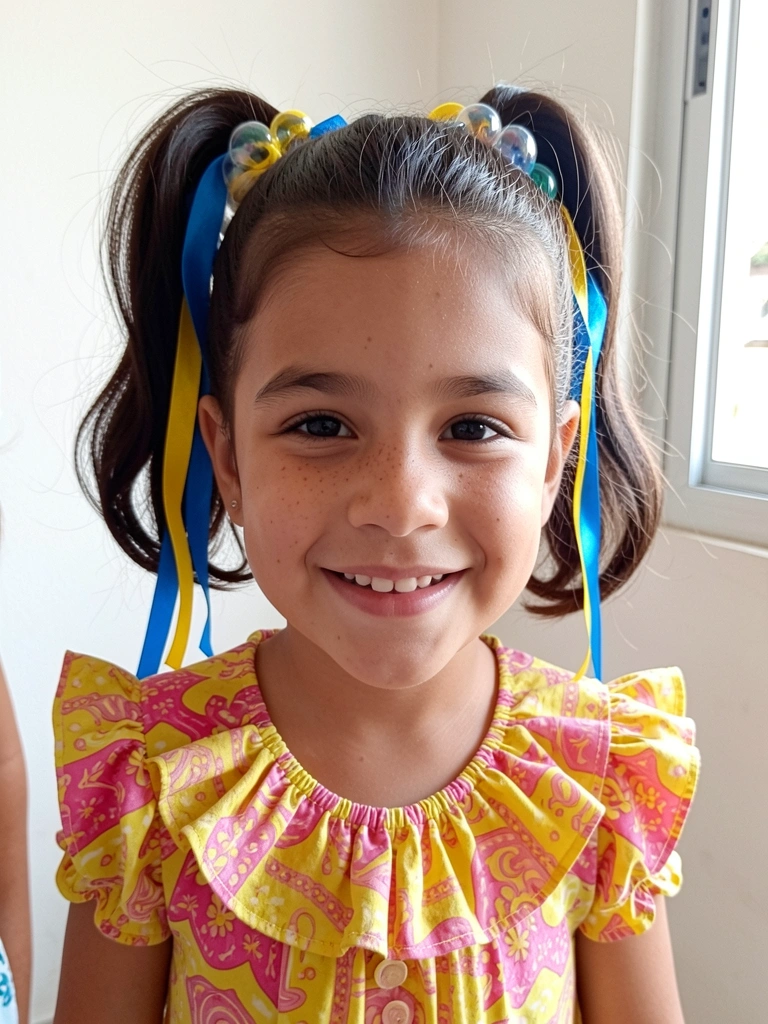 Cabelo preso em rabo de cavalo alto, com bolhas formadas por elásticos e fitas de cetim azul e amarela intercaladas.