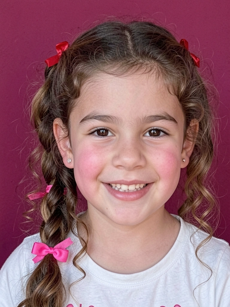 Cabelo cacheado solto com mechas laterais presas atrás e lacinhos vermelhos de fita, sorriso em festa junina.