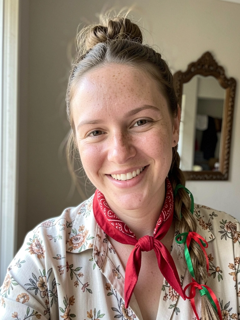 Mulher sorrindo com coque baixo despojado e trança lateral embutida, fitas vermelhas e verdes no cabelo.