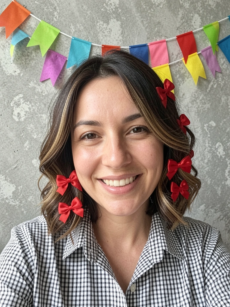 Mulher com cabelo curto e presilhas de fita colorida sorri, com bandeirinhas ao fundo.