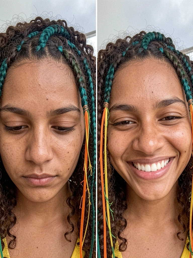 Tranças nagô finas com miçangas coloridas e fitas de cetim nas pontas.