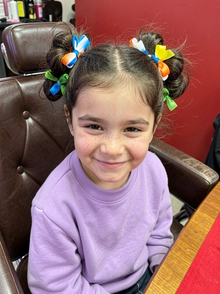 Menina com marias chiquinhas presas com fitas vermelhas e amarelas, chapéu de palha, sorrindo