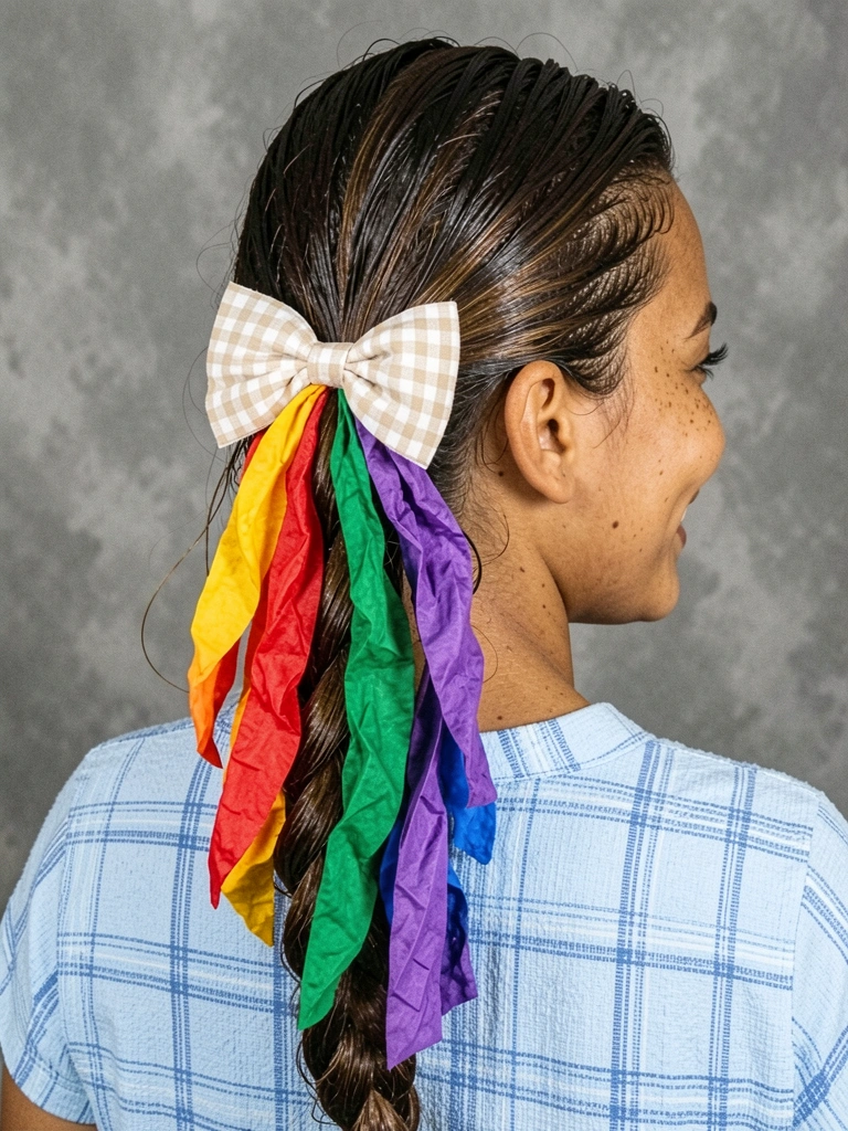 Cabelo cacheado meio preso com trança torcida lateral e fita de cetim vermelha amarrada.