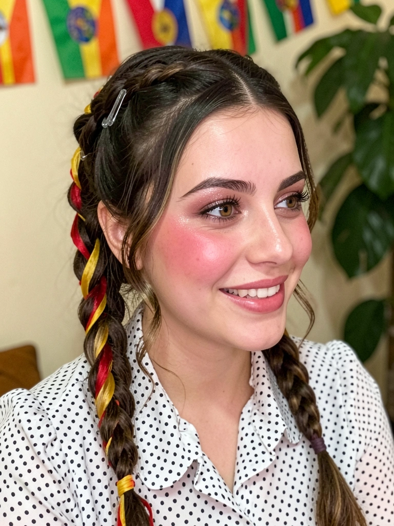 Mulher jovem com trança lateral grossa adornada com fitas vermelha e amarela, sorrindo em frente a bandeirinhas de festa junina.