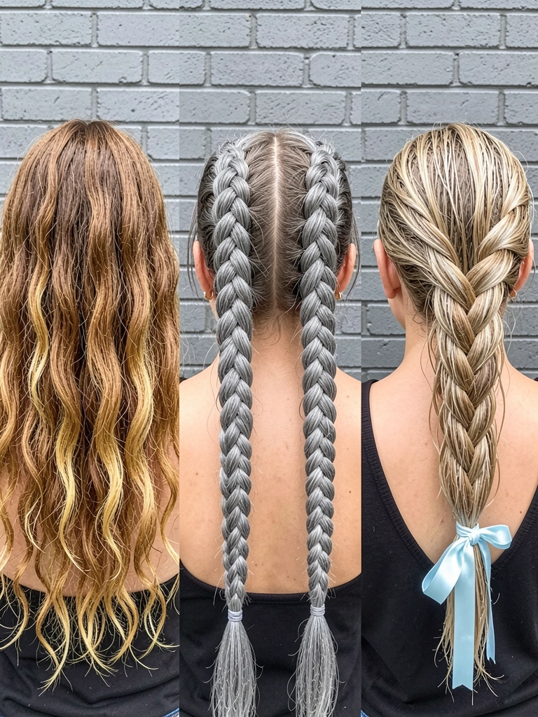 Duas tranças altas presas com elásticos coloridos e laço de cetim vermelho no topo, cabelo liso castanho.