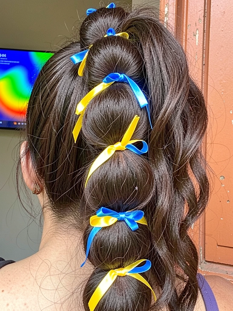 Cabelo preso em rabo de cavalo alto com bolhas formadas por elásticos, fitas de cetim azul e amarela intercaladas.