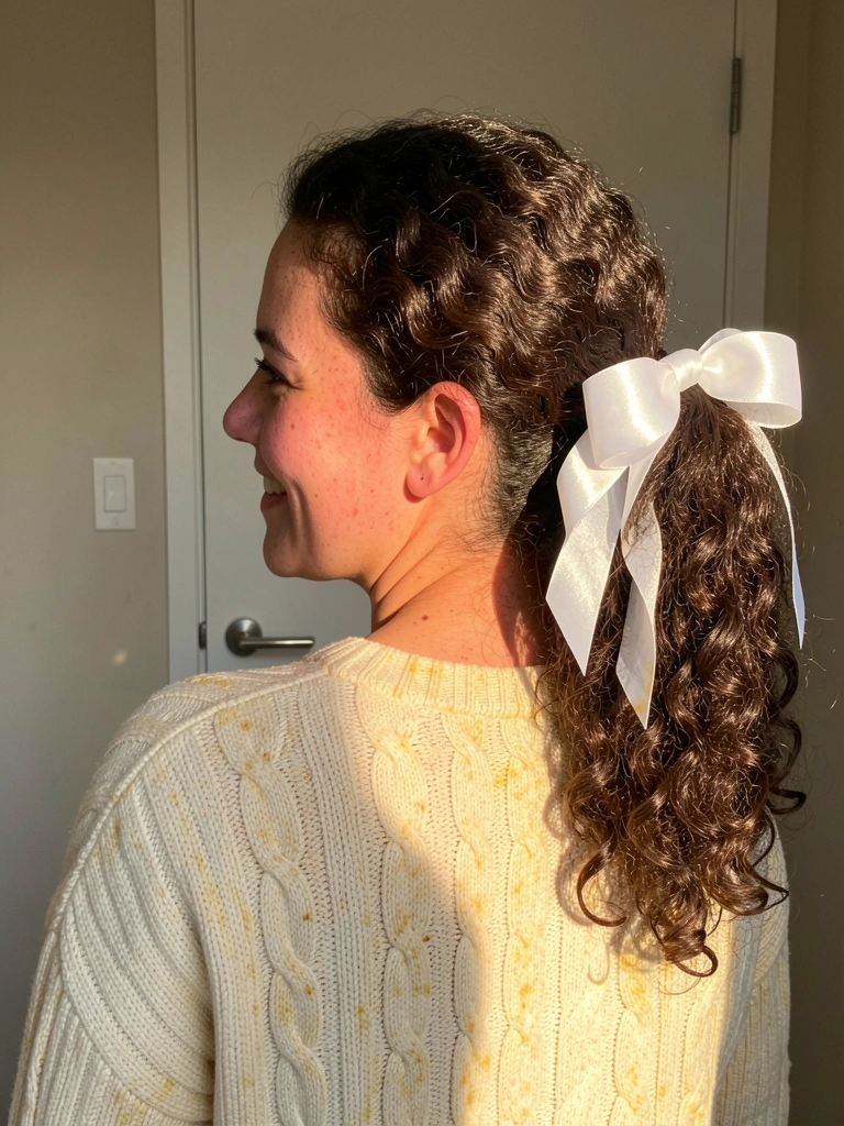 Cabelo cacheado com mechas laterais presas atrás e lacinhos vermelhos de fita, sorriso em festa junina.