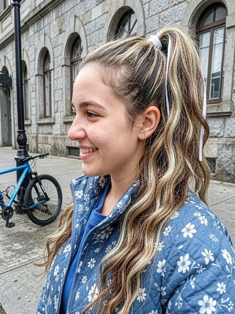 Mulher com coque baixo despojado, trança lateral embutida e fitas vermelhas e verdes, sorrindo