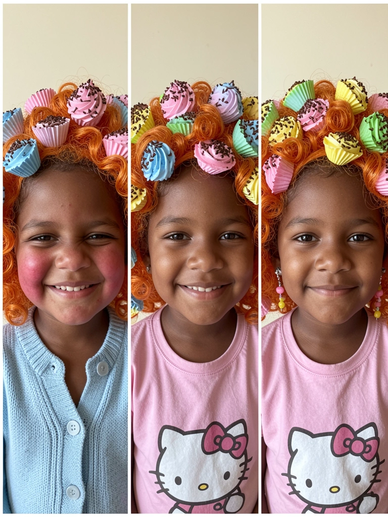 Cabelo de menina com aros de arame formando roda-gigante, miniaturas de fotos penduradas, fundo claro.