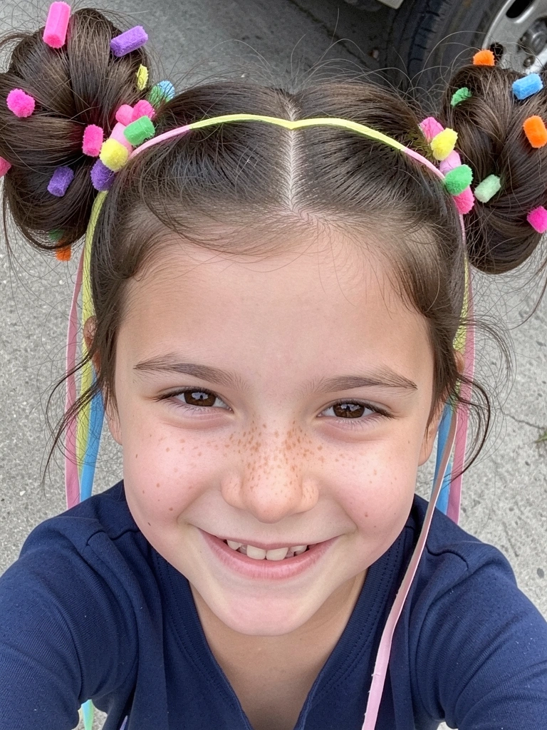 Cabelo preso em coque alto decorado com bolinhas de isopor marrons imitando brigadeiro e granulado colorido.