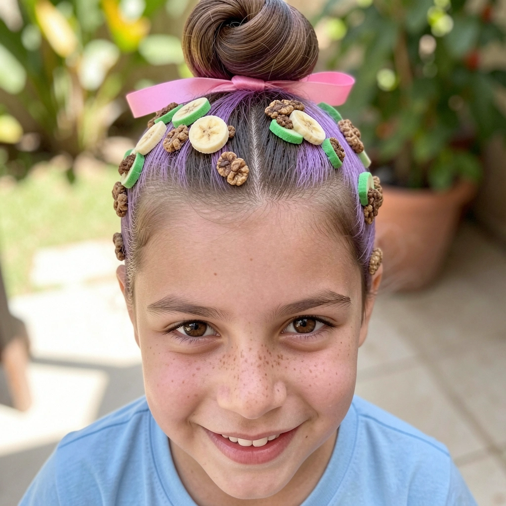 Cabelo tingido de roxo preso em coque com pedaços de EVA verde e marrom imitando granola e banana.