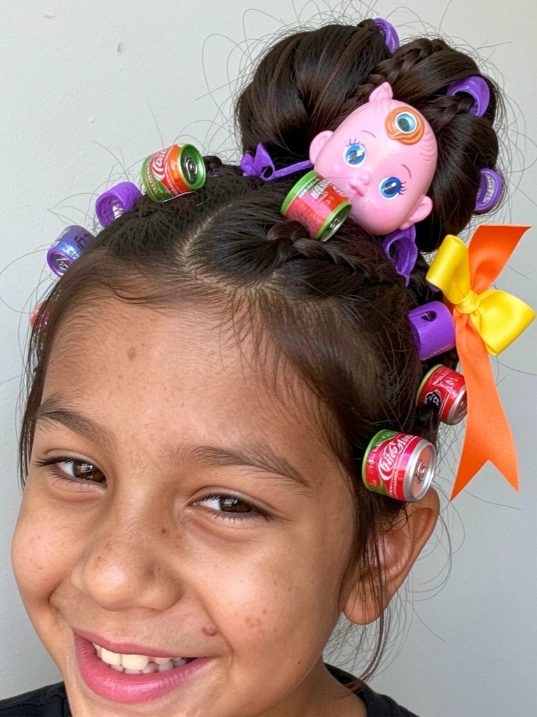 Cabelo curto com bobes coloridos de plástico pendurados e latinhas mini de refrigerante presas.