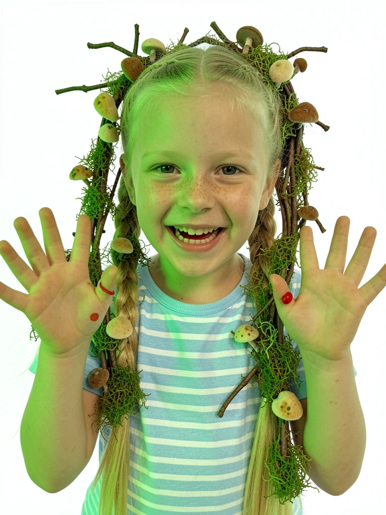 Cabelo decorado com galhos secos, musgo artificial e cogumelos de feltro, sob iluminação verde.