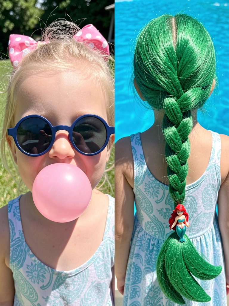 Cabelo castanho com pequenos rabos de cavalo presos por elásticos coloridos e fitas nas pontas.