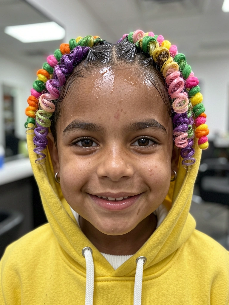 Chifre de cone de papel alumínio, crina com elásticos coloridos e orelhas de feltro em cabelo de menina.