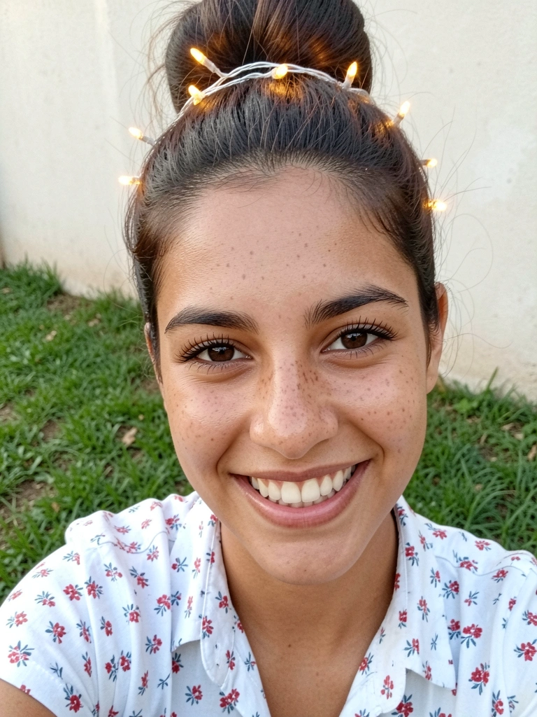 Cabelo preso em coque com fio de pisca-pisca de pilha entrelaçado e luzes acesas.