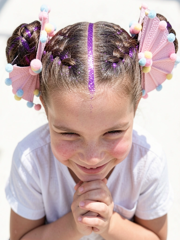 Capacete prateado de papelão com antenas de arame e estrelas de EVA sobre cabelo curto.