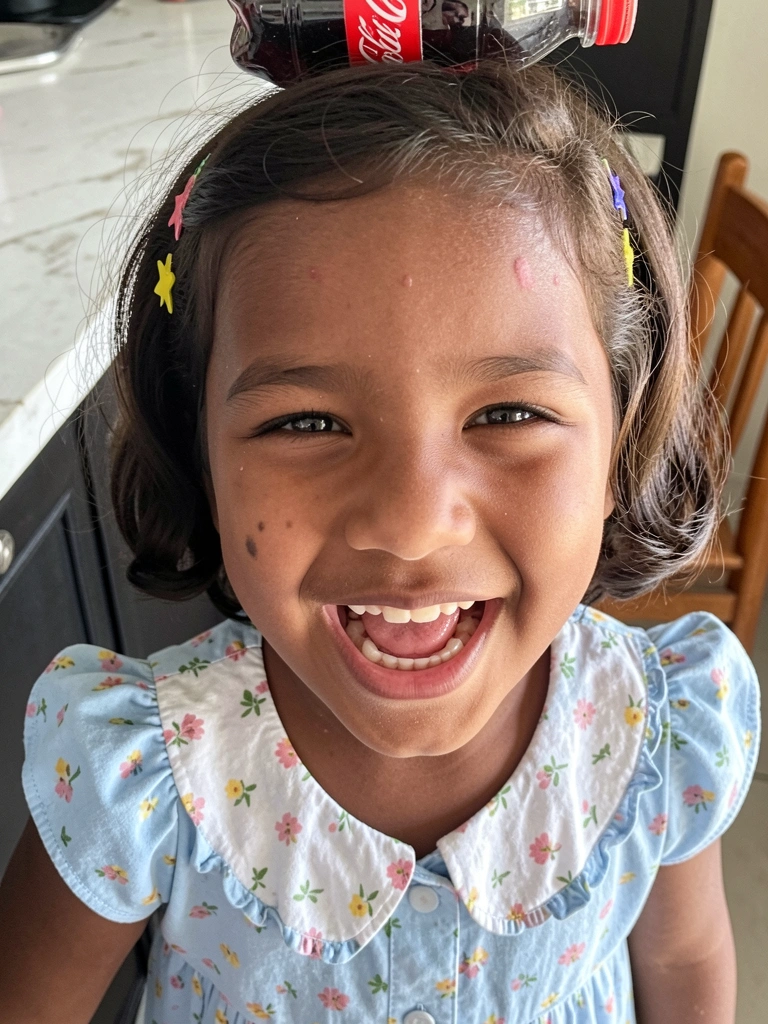 Menina de cabelo curto com presilhas coloridas em forma de estrela, sorrindo.