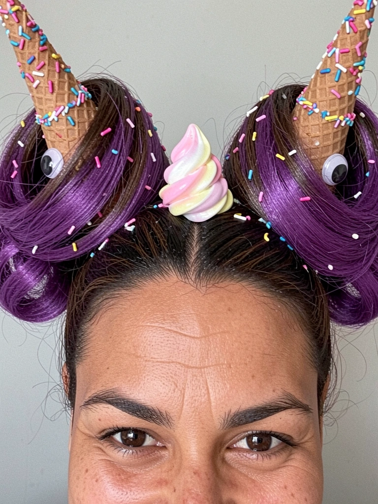 Cabelo curto modelado com gel para cima, com olhos de plástico colados nas pontas dos fios.