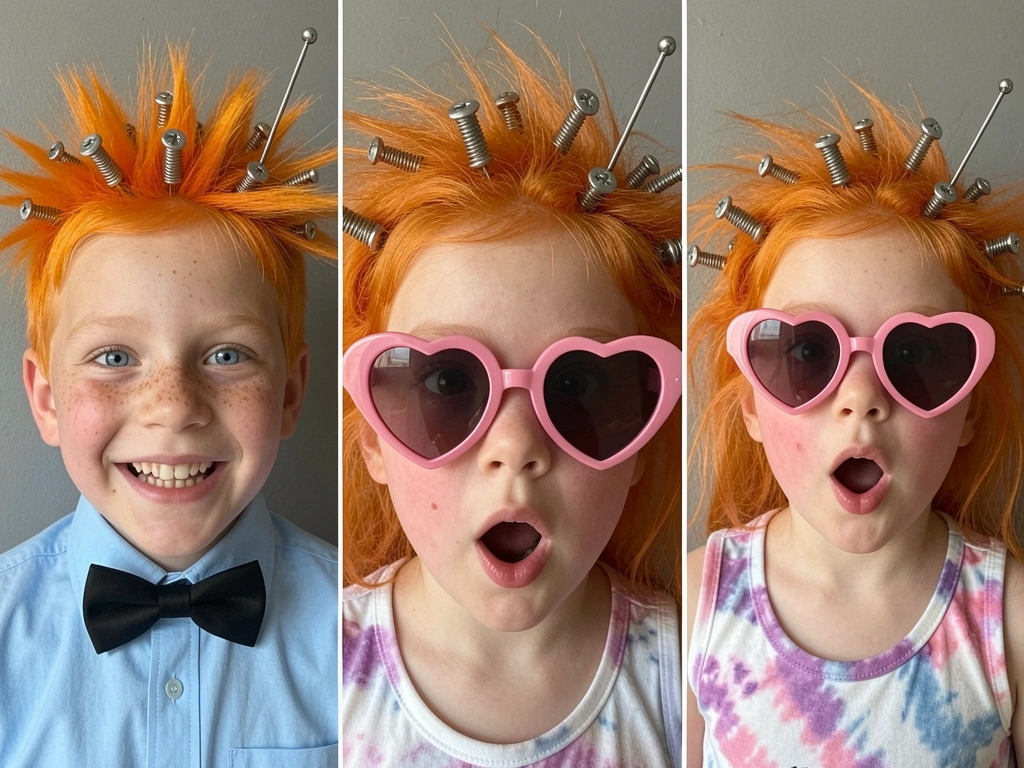 Cabelo com parafusos, molas e arame colados, antena de metal saindo do topo, fundo cinza.