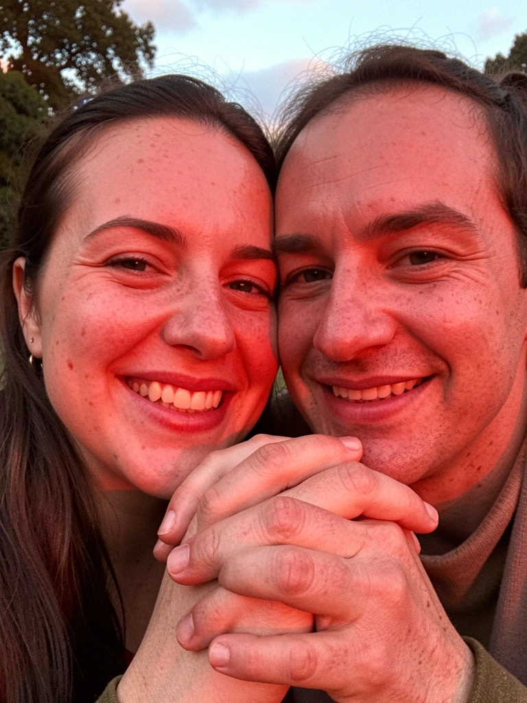 Casal abraçado em um parque ao entardecer, sorrindo sob luz dourada.