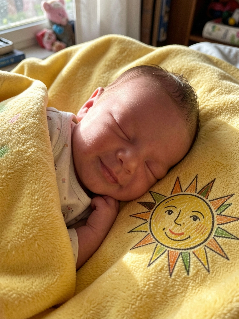 Bebê recém-nascido dormindo em manta amarela com um sol desenhado ao lado.