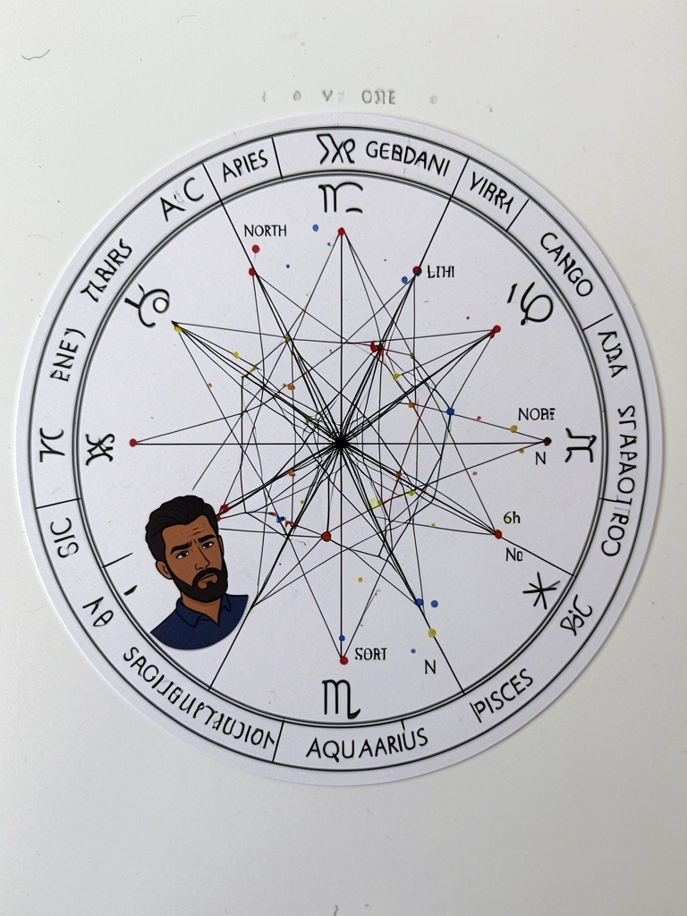 Diagrama circular colorido com símbolos astrológicos e linhas de conexão.