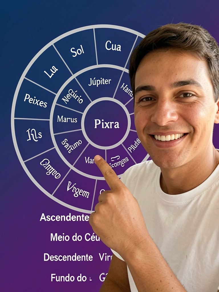 Pessoa apontando para três círculos com símbolos do Sol, Lua e Ascendente.