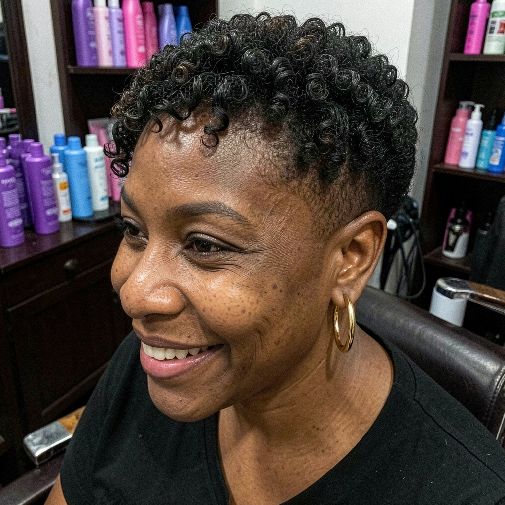 Mulher negra com cabelo crespo curto, topo volumoso e laterais raspadas, close lateral.