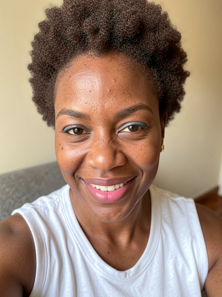 Mulher negra com cabelo black power curto e redondo, sorrindo contra fundo neutro.