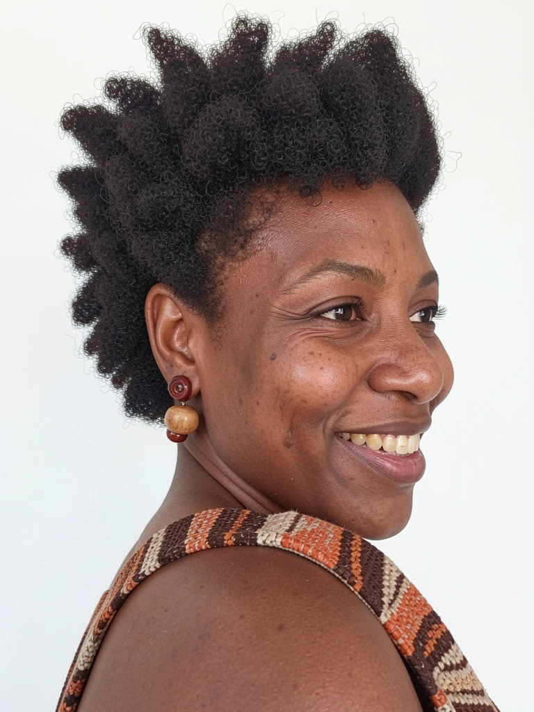 Mulher negra com pixie cut crespo e franja curta, olhar confiante.