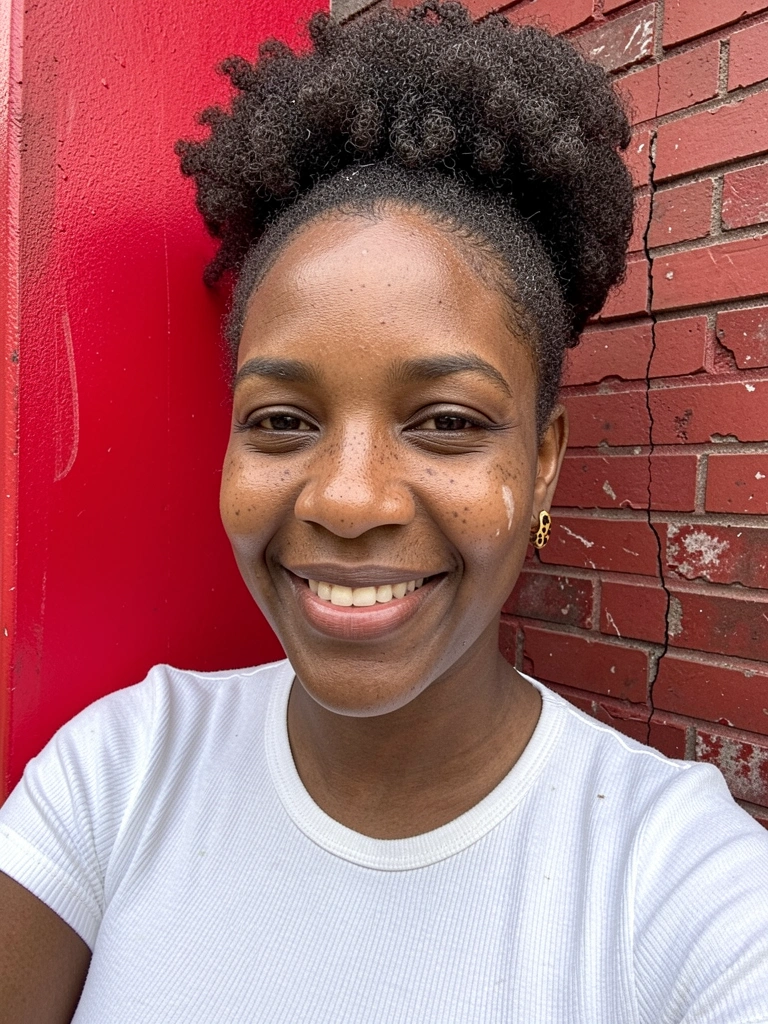 Mulher negra com afro puff alto, cabelo cacheado curto preso, sorrindo.