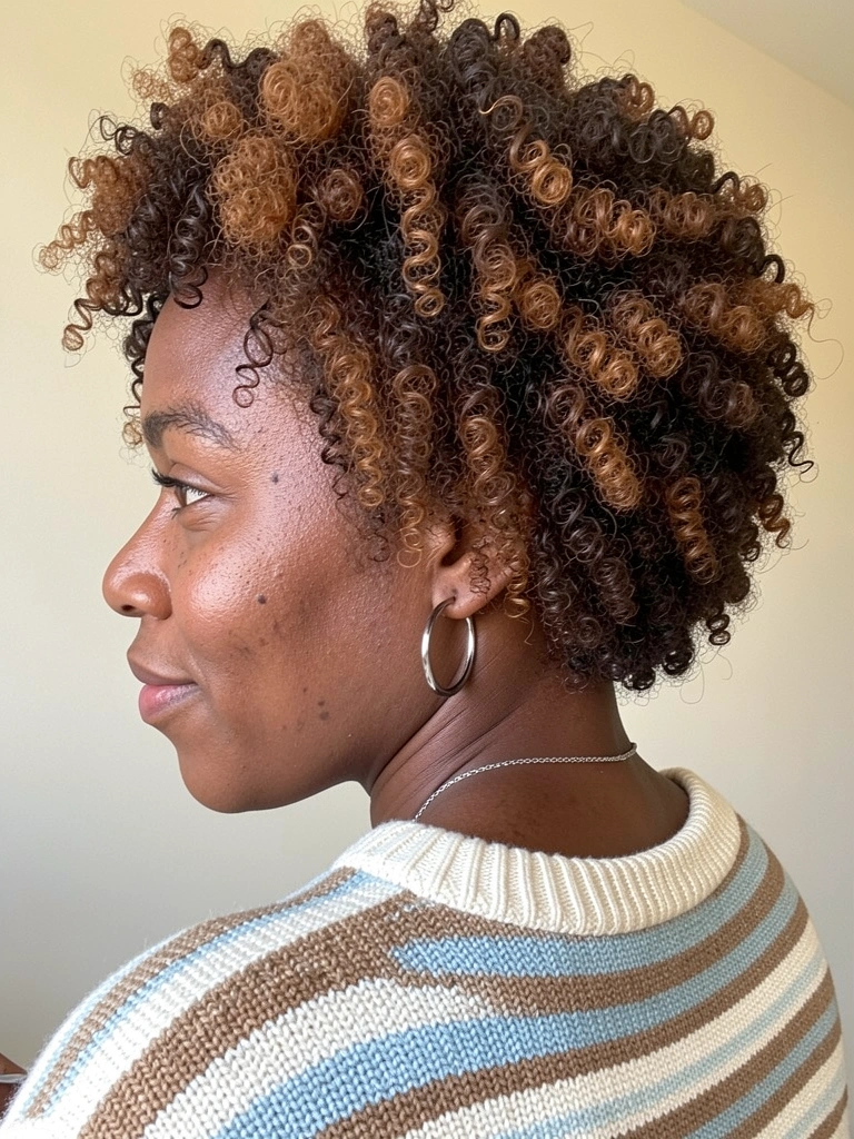 Nuca de mulher negra com cabelo cacheado curto em degradê, textura crespa visível.