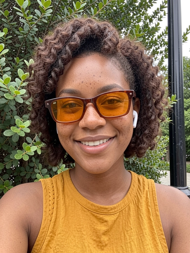Mulher negra com tapered cut, laterais na altura da orelha e topo volumoso.
