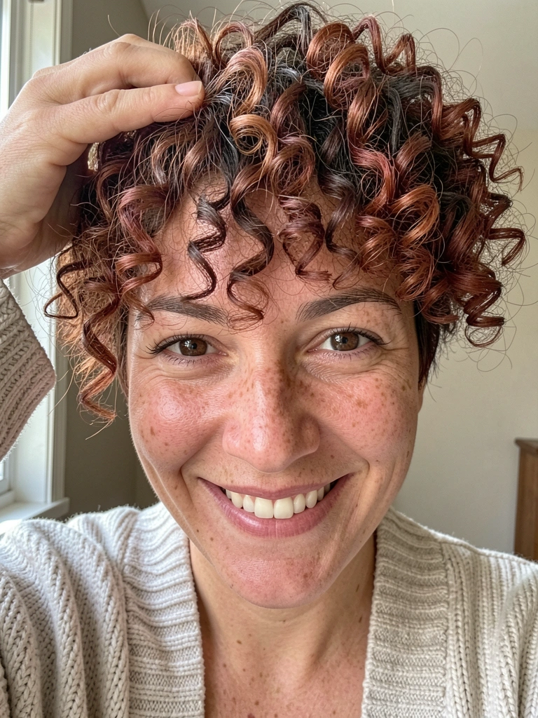 Mão feminina com difusor modelando franja cacheada em corte pixie.