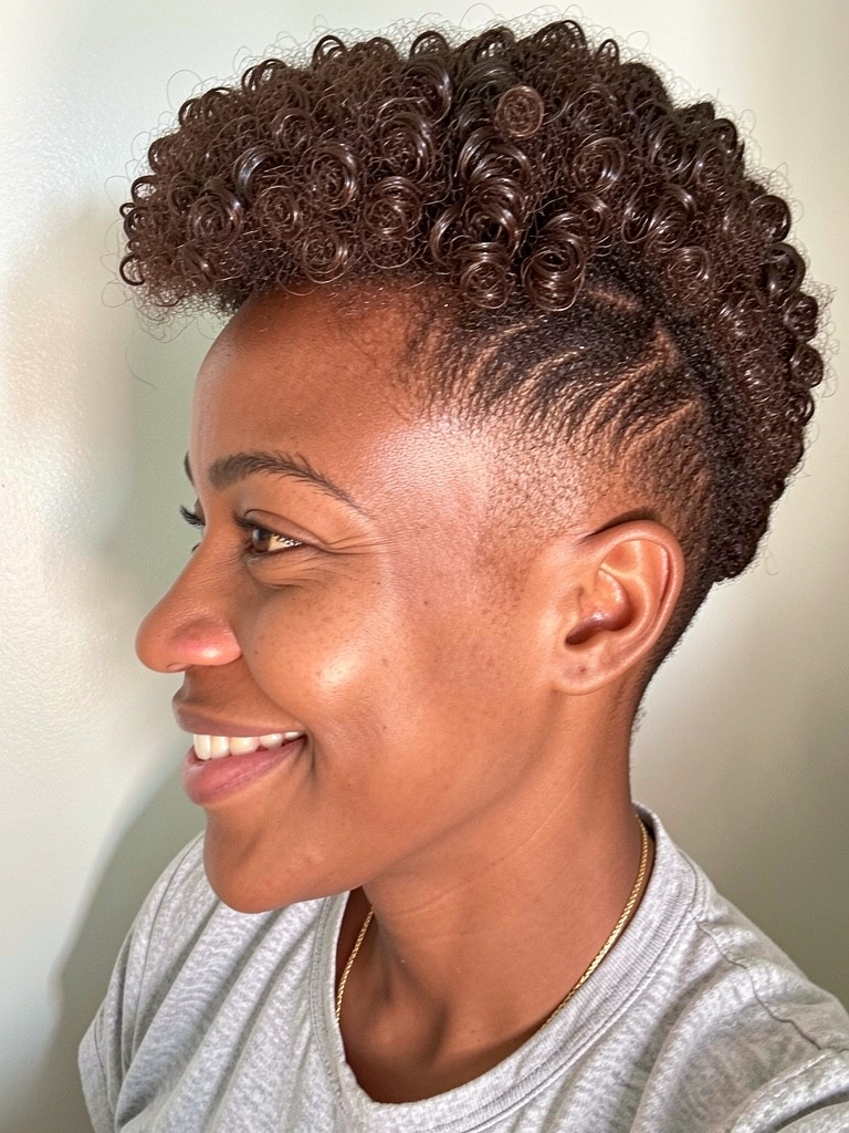 Mulher negra com cabelo crespo curto, topo volumoso e laterais raspadas, close lateral.