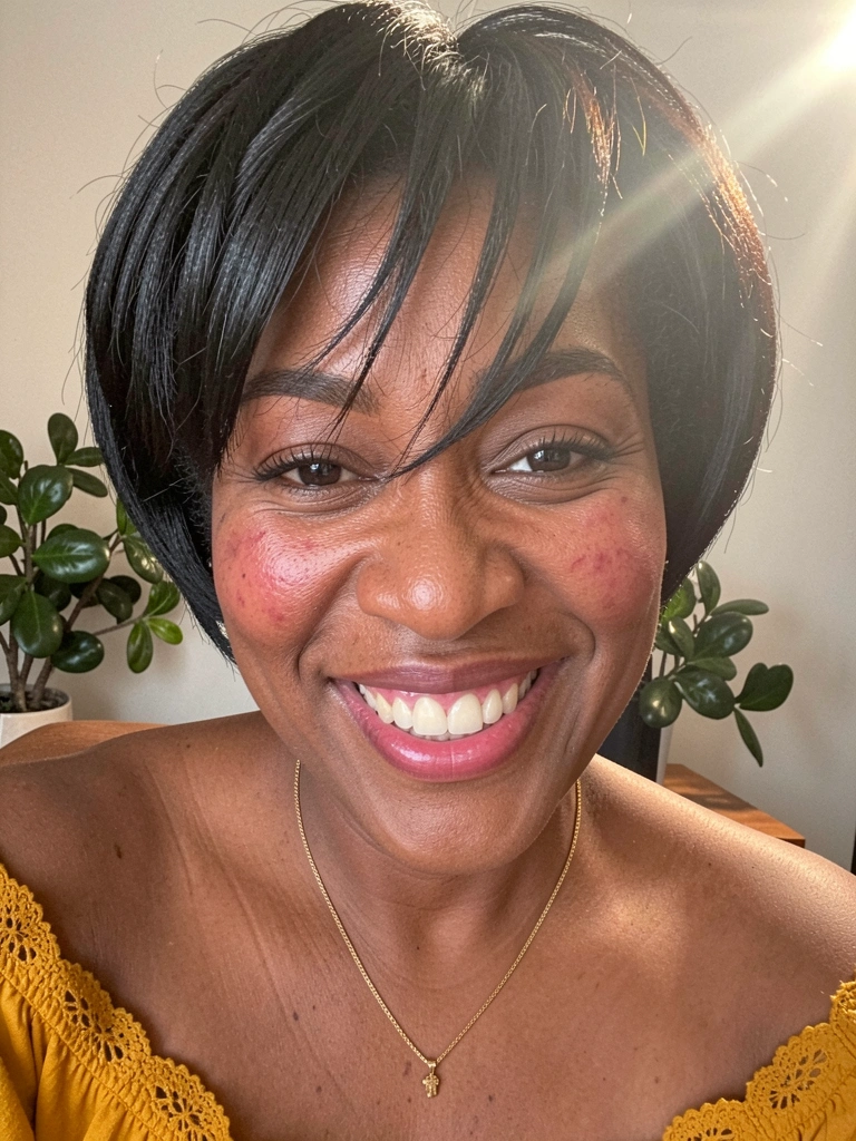 Mulher negra com cabelo black power curto e redondo, sorrindo contra fundo neutro.