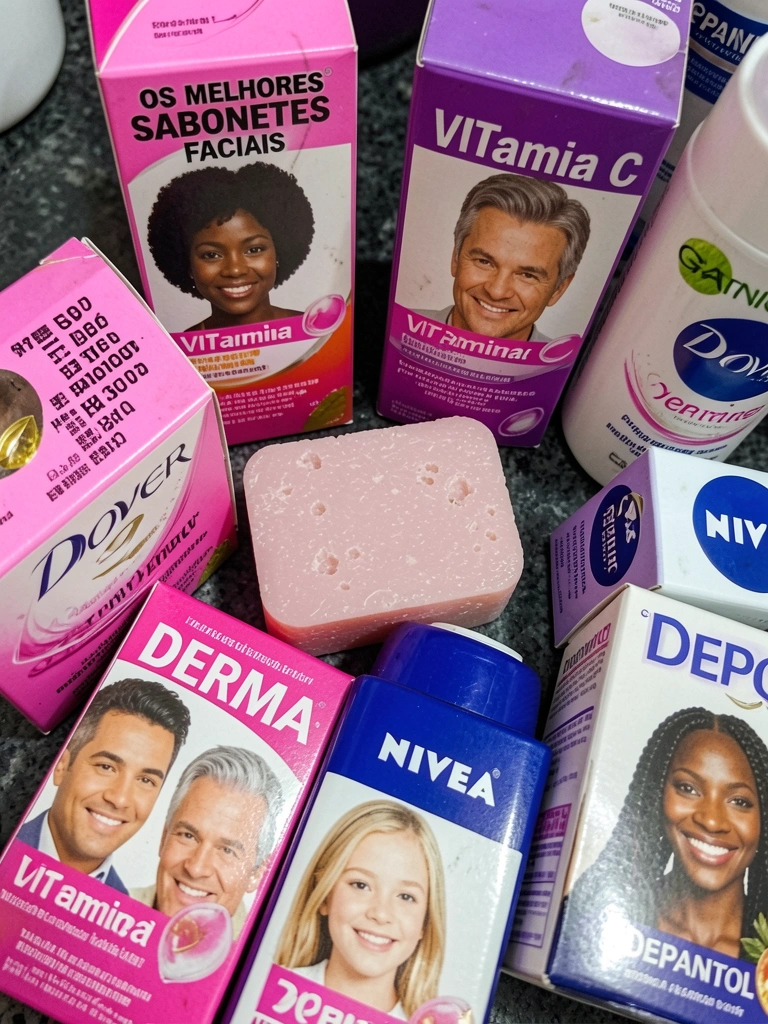 Cinco frascos de sabonete facial em uma prateleira, com rótulos visíveis e fundo claro.