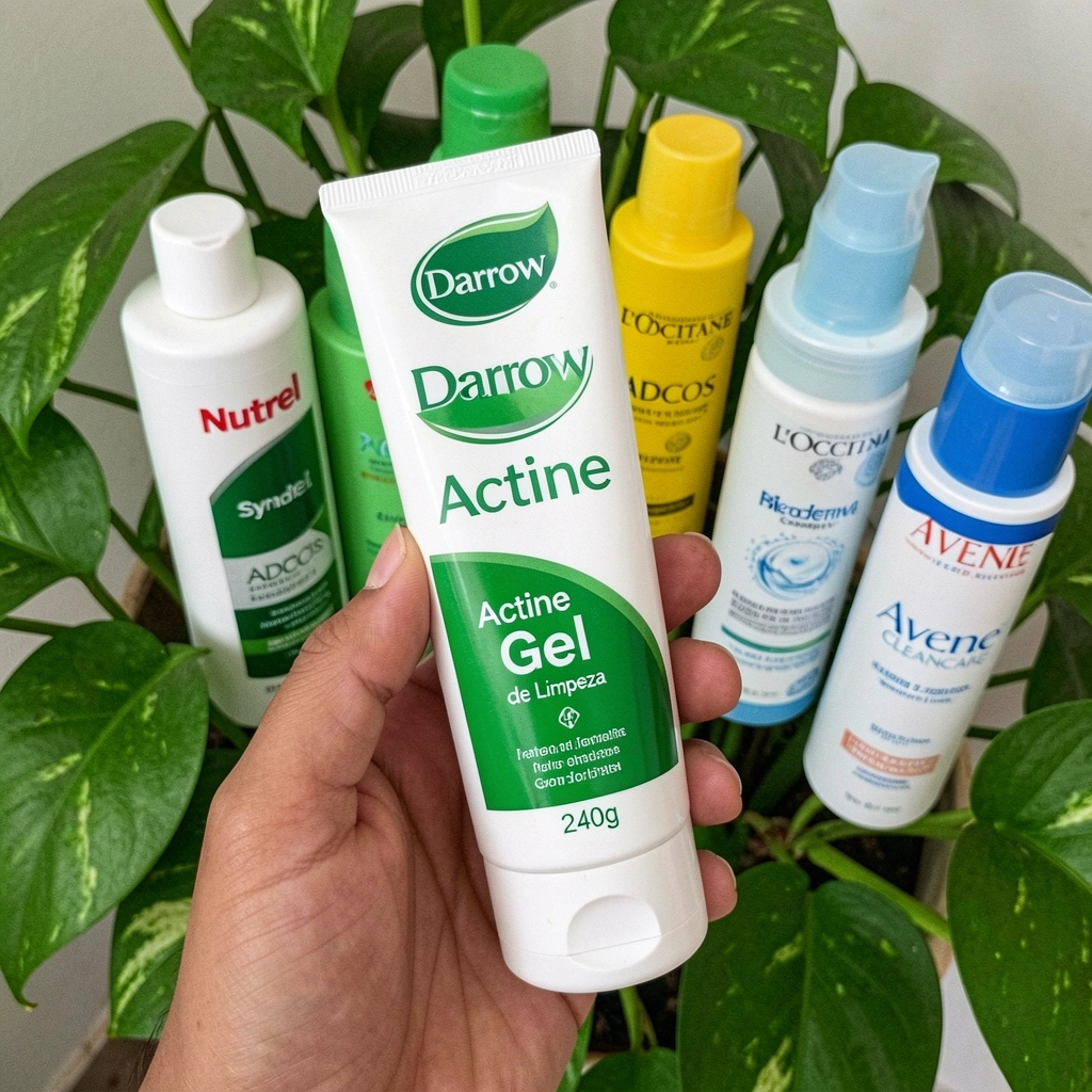 Mão segurando tubo de Darrow Actine Gel de Limpeza 240g em close-up.