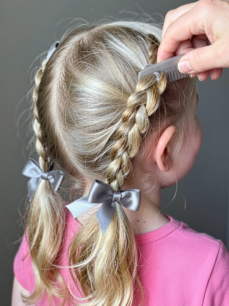 Mãos adultas separam uma mecha de cabelo infantil com um pente fino.