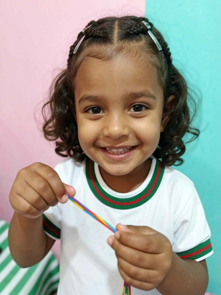 Elástico de cabelo colorido sendo esticado entre os dedos de uma mão.