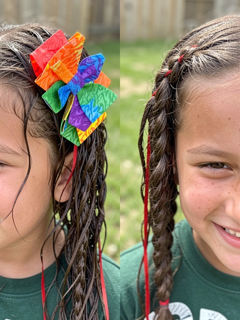 Close-up de cabelo cacheado infantil com trança lateral embutida.
