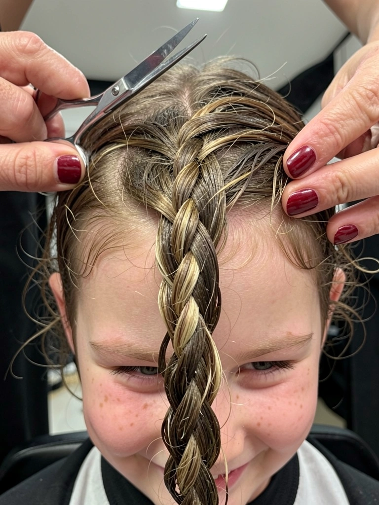 Cabelo liso infantil preso em trança espinha de peixe, vista de costas.